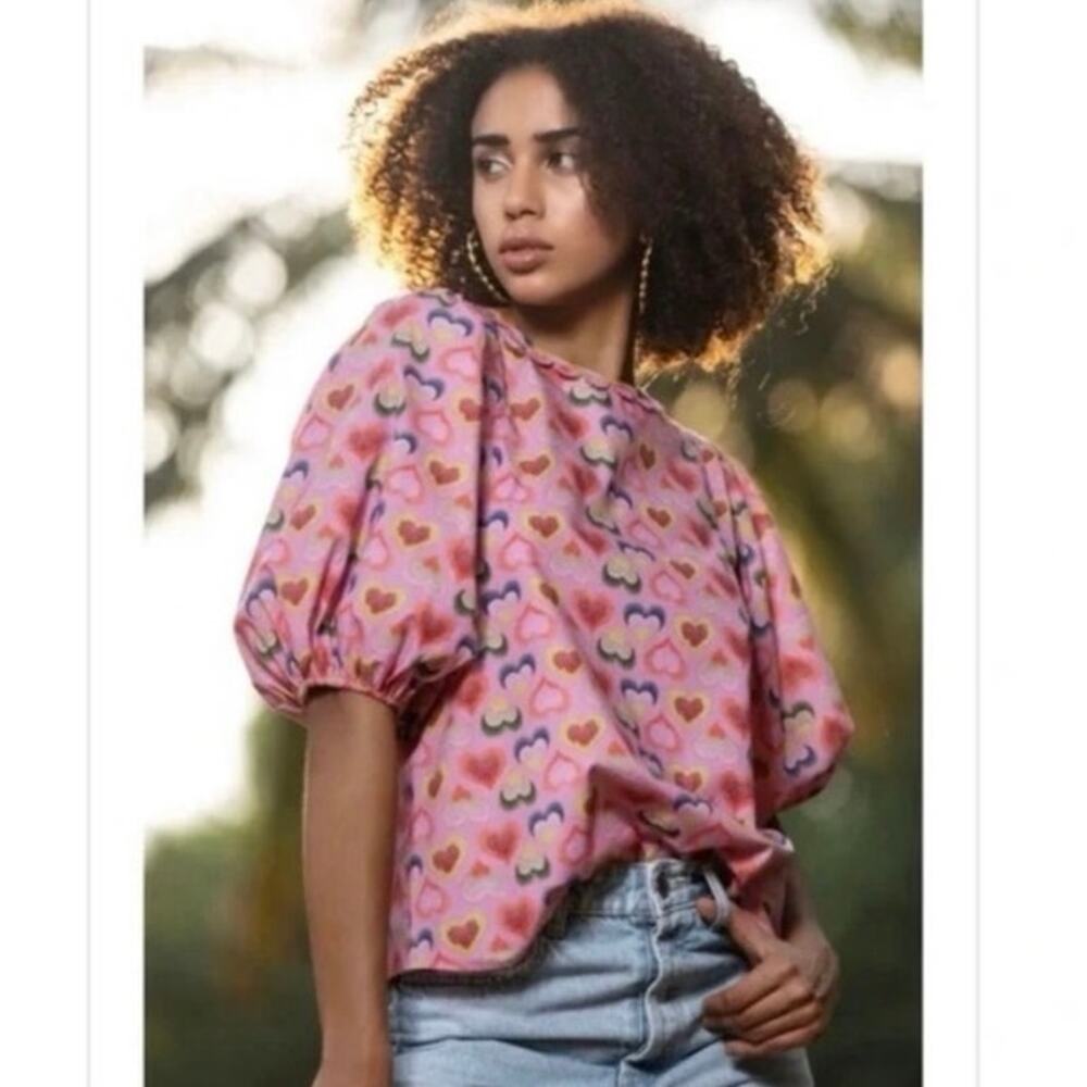 NEW Emily Lovelock Size L US 8 10 Nora Blouse Heart Print Organic Cotton Pink